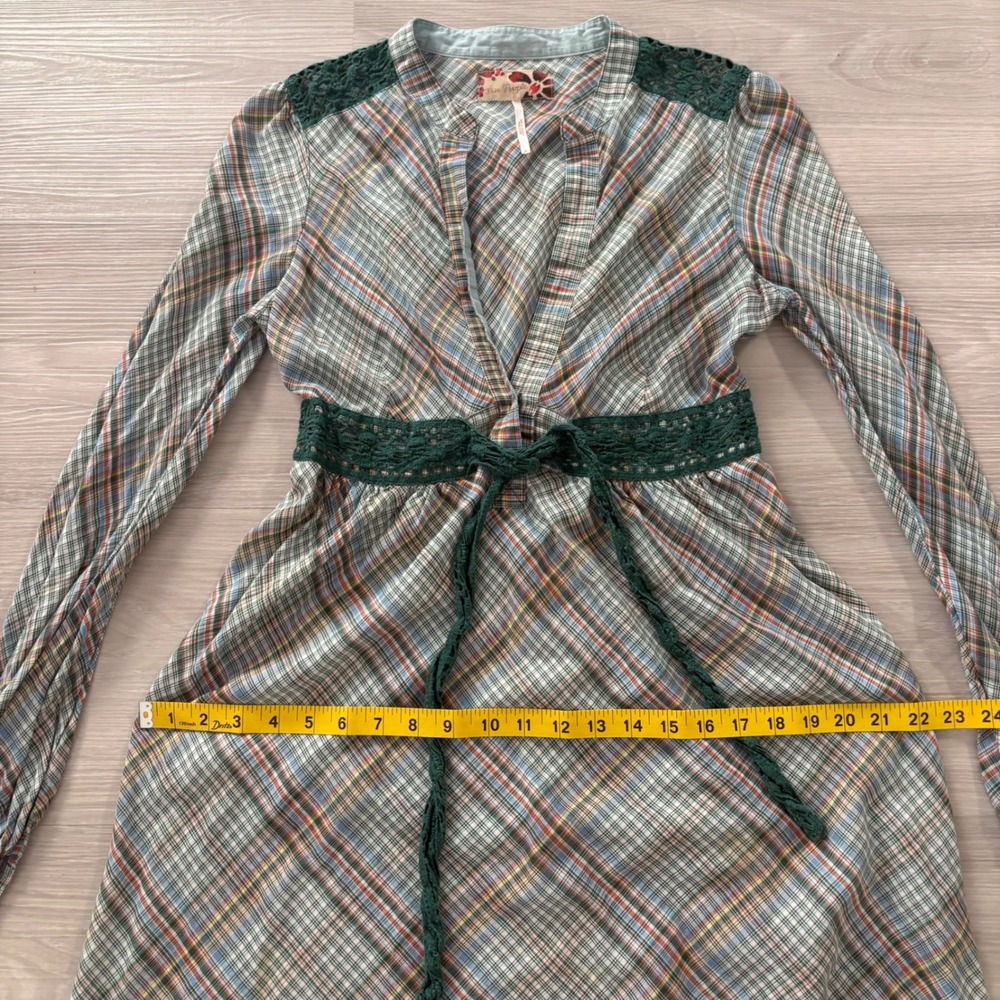 Free People Plaid Mini Dress Women Green Crochet Lace Empire Waist Long Sleeve 6 - Picture 10 of 14